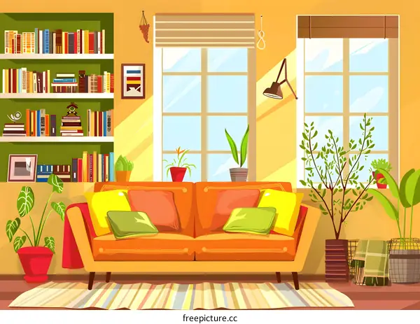 Cozy Living Room Illustration with Sofa and Bookshelf