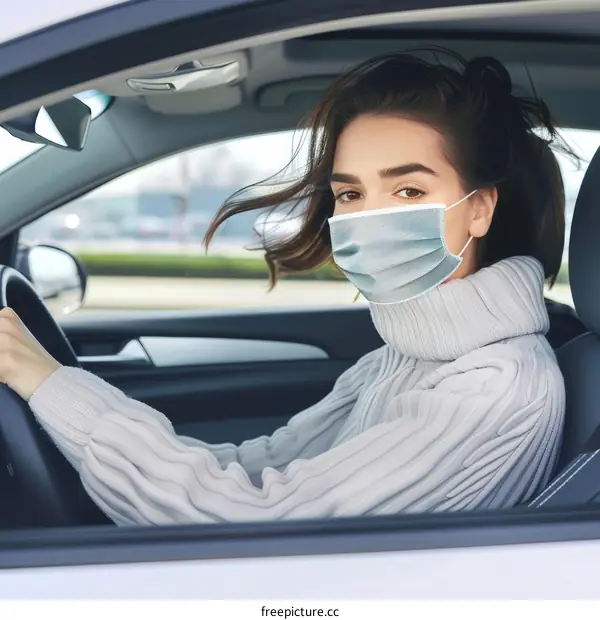 Young woman wearing a mask driving a car
