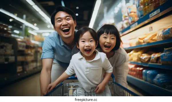 Happy family shopping in supermarket