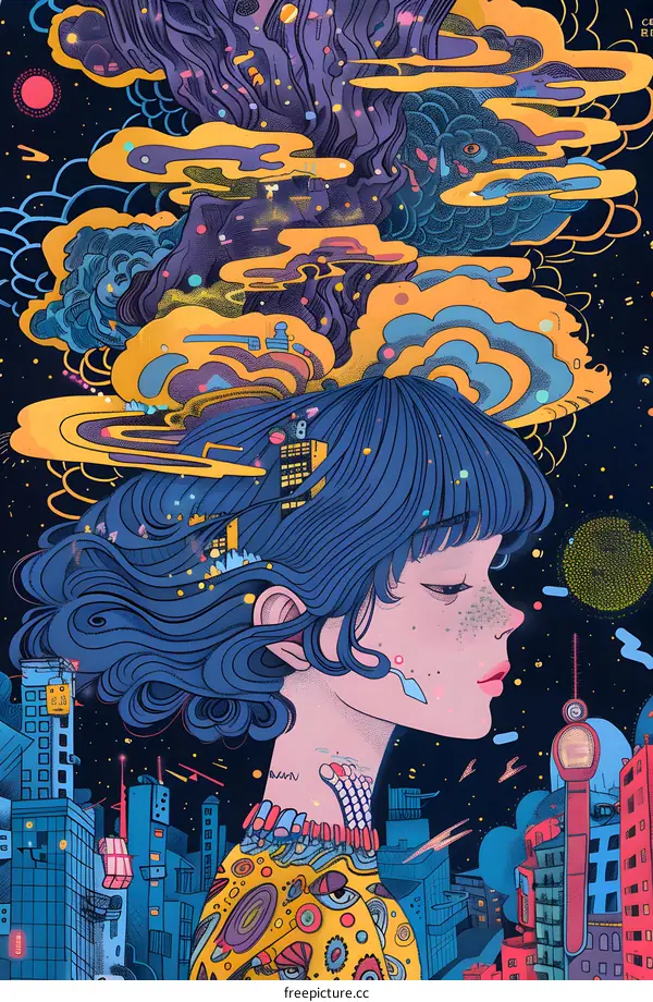 Woman with Cityscape and Cosmic Clouds in Her Hair