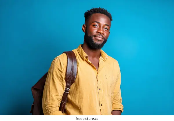 African Man with Backpack Against Blue Background