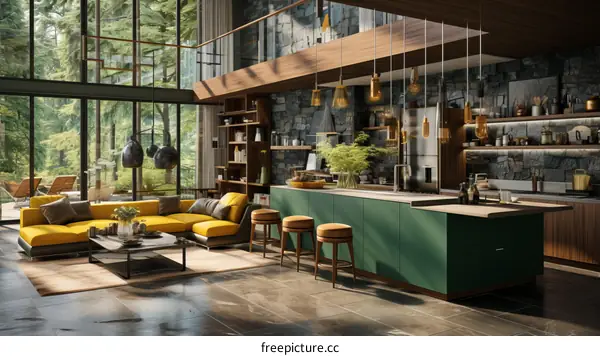 Modern Living Room & Kitchen with Expansive Windows