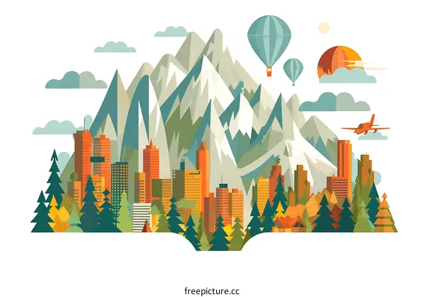 Cityscape With Mountain In The Background And Hot Air Balloons