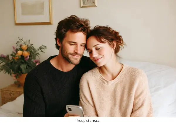 Couple Bonding Over Smartphone in Cozy Interior