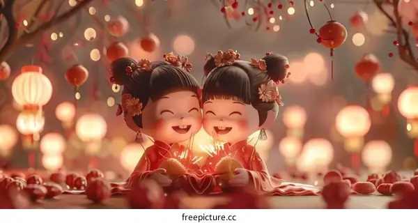 Two Joyful Chinese Girls Celebrating Lantern Festival