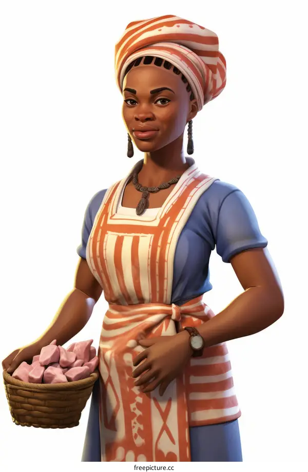 Smiling African Woman in Traditional Attire Carrying Pink Rocks