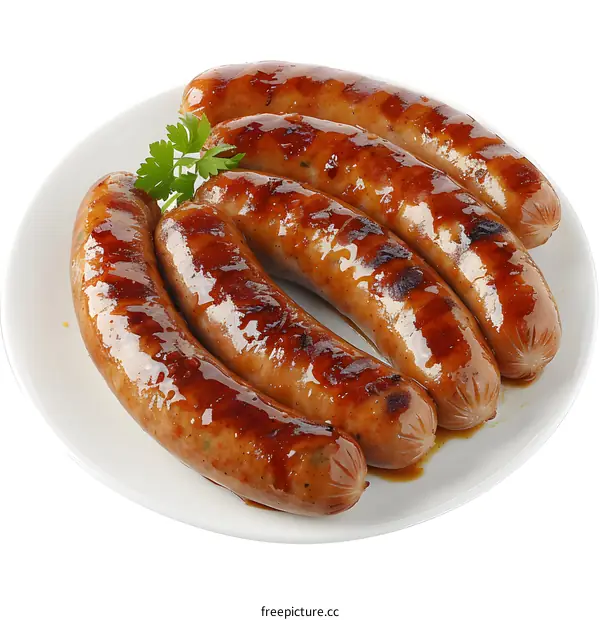 Four grilled sausages on a white plate