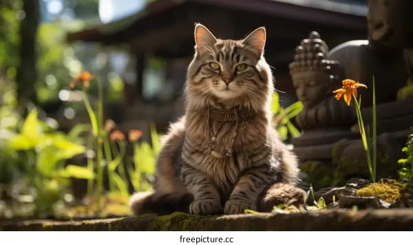 A ginger cat sits on a stone wall in a garden