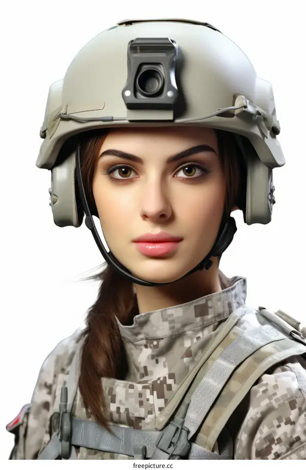 Portrait of a young female soldier wearing a military helmet and combat gear