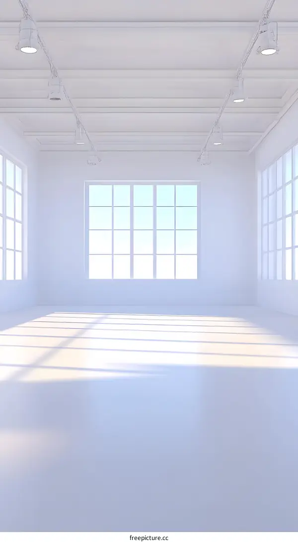 Minimalist White Room Interior Design with Large Windows and Track Lighting