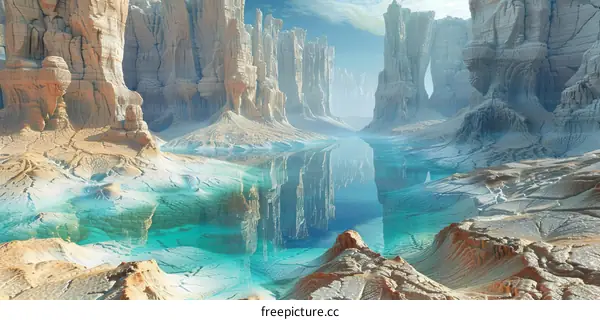 Mystical Desert Oasis with Blue Water and White Rocks