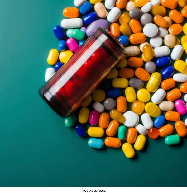 Colorful pills and capsules spilled from an open bottle on a green table