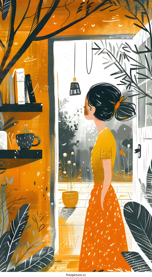 A girl standing in a doorway looking at a plant.