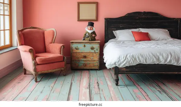 Vintage Bedroom Interior with Pink and Teal Wood Floor