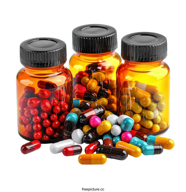 [Transparent Background PNG]Assorted Colorful Medications in Amber Bottles