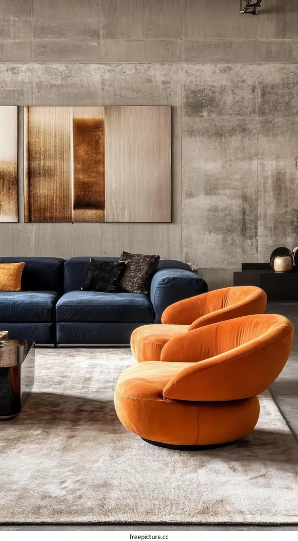 Modern Living Room Interior Design with Orange Armchairs