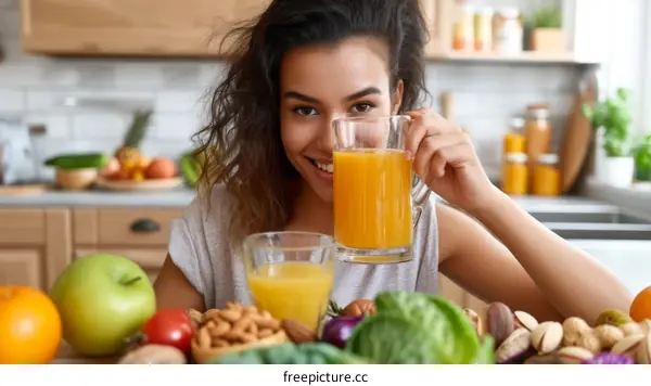 Smiling woman holding a glass of orange juice in the kitchen