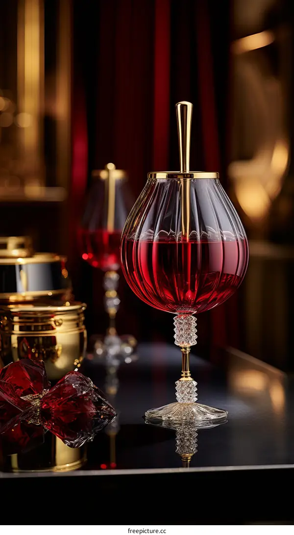Elegant crystal goblet with red wine on dark background