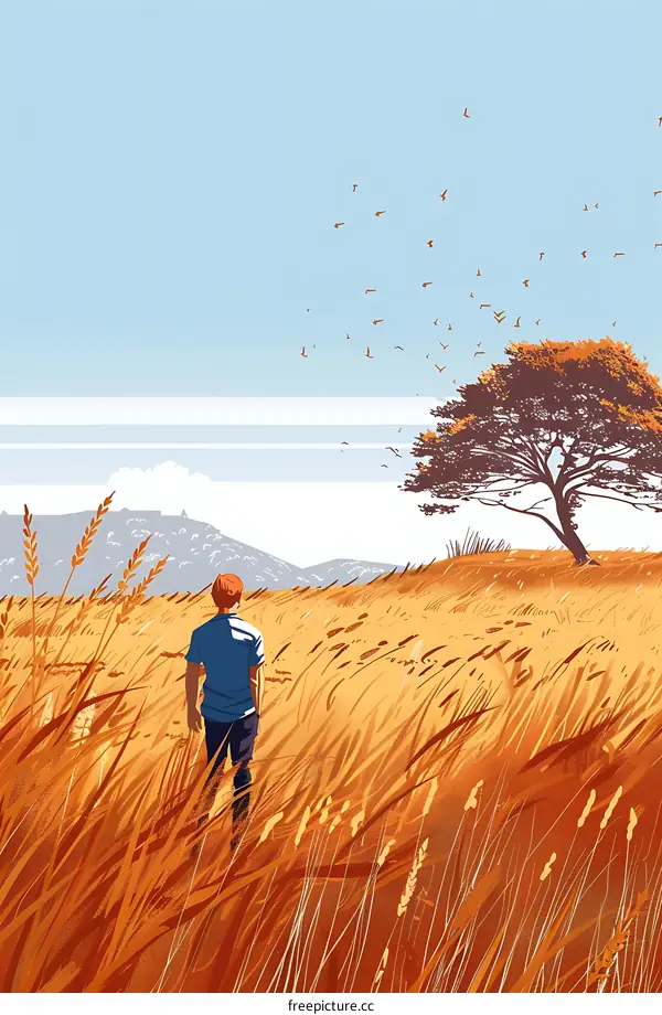 Man Walking Through Tall Grass Field with Birds Flying in the Sky