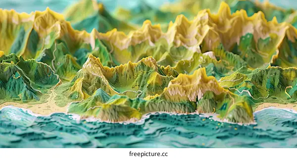 Green and yellow 3D rendering of a mountainous terrain