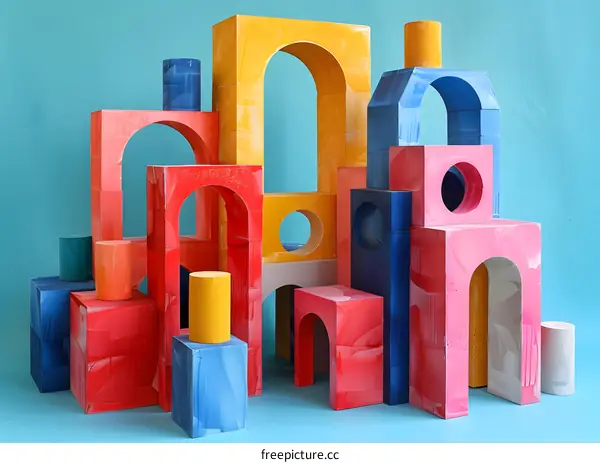 Abstract Colorful Building Blocks on Blue Background