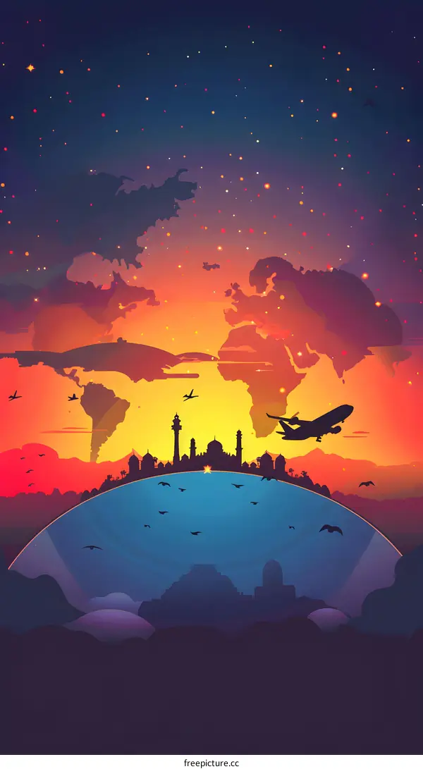 World Map with Sunset and Airplane