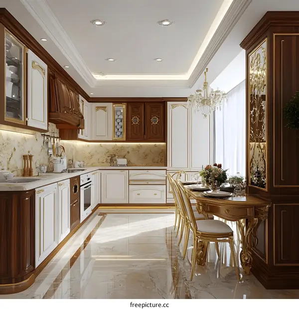 Luxury Kitchen Interior Design with Golden Accents and White Cabinets