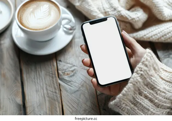 A woman holding a smartphone with a cup of coffee on the side