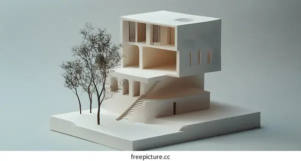 White Minimalist Paper Model House with Trees