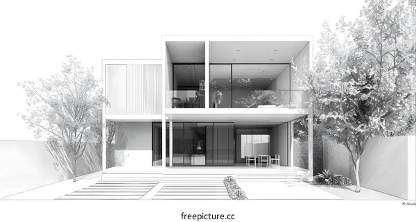 Modern House Sketch with Trees and Garden