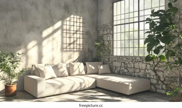 Modern Industrial Loft Living Room with Sunlight