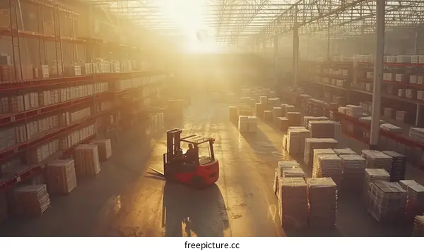 A worker operates a forklift in a warehouse