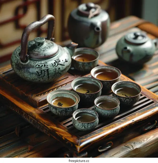 Still life of Chinese teapots and cups