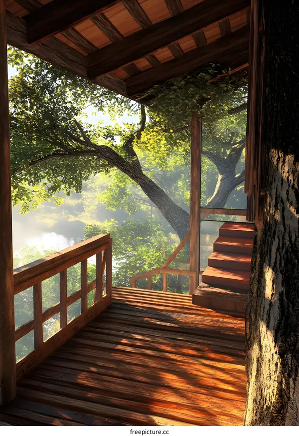 Tree House Interior with Wooden Stairs and Wooden Floor