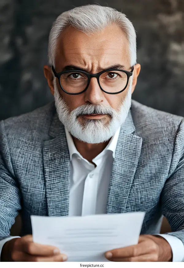 Serious Elderly Man Reading Document