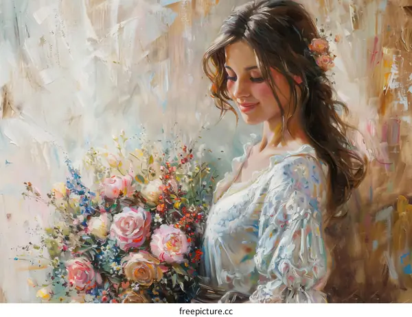 Beautiful Woman with Flowers Oil Painting