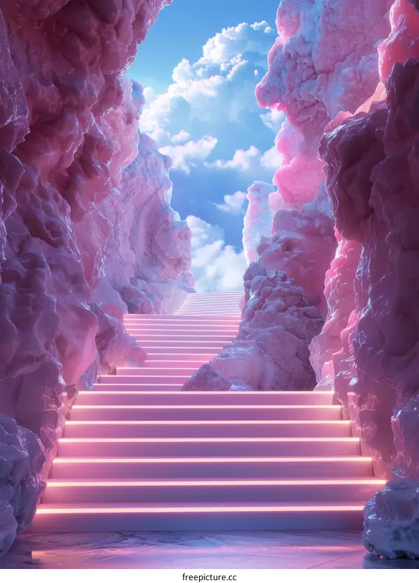 Pink Surreal Landscape with Stairs Ascending to Blue Sky