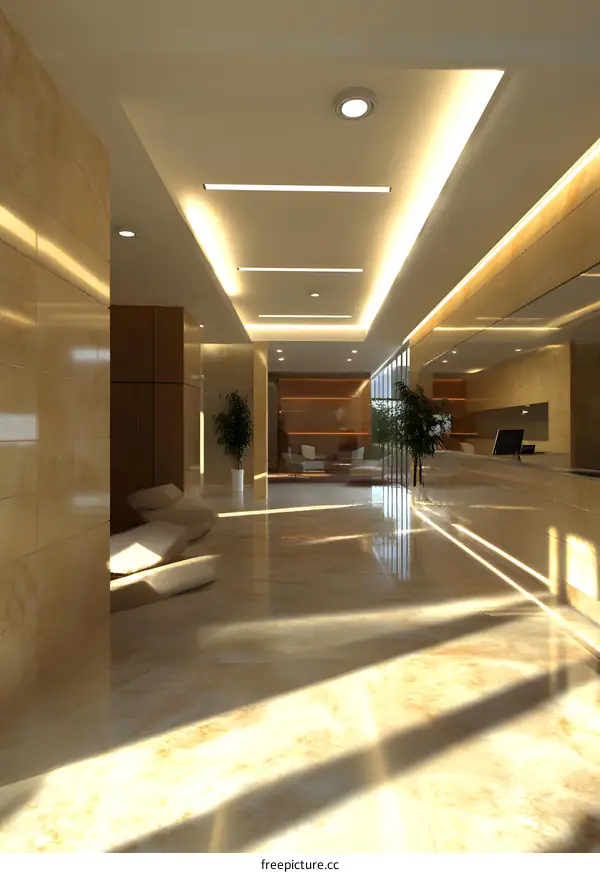 Modern Lobby Interior Design With Marble Floor And Recessed Lighting