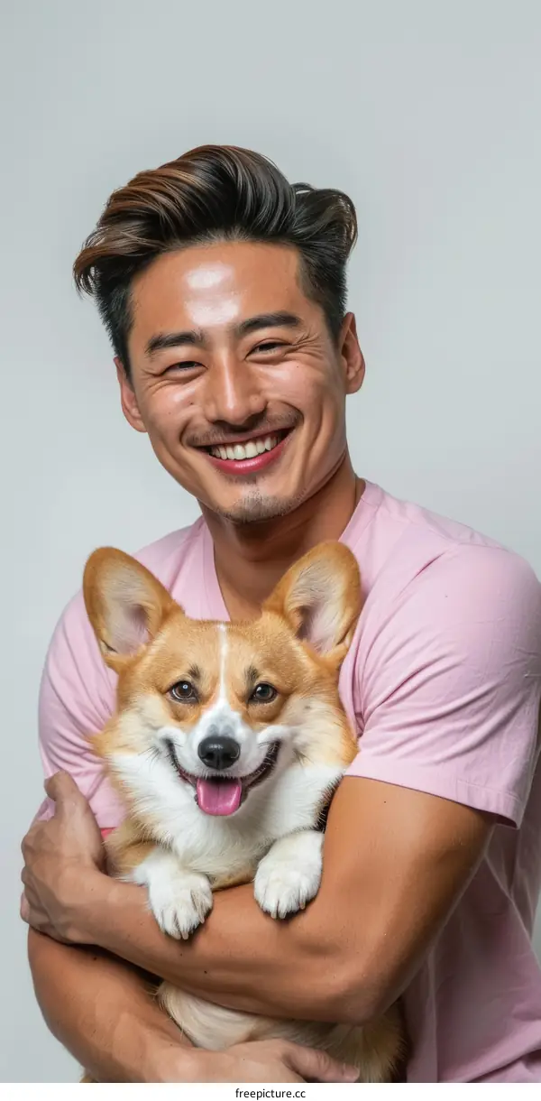 Asian man smiling with a corgi dog in his arms