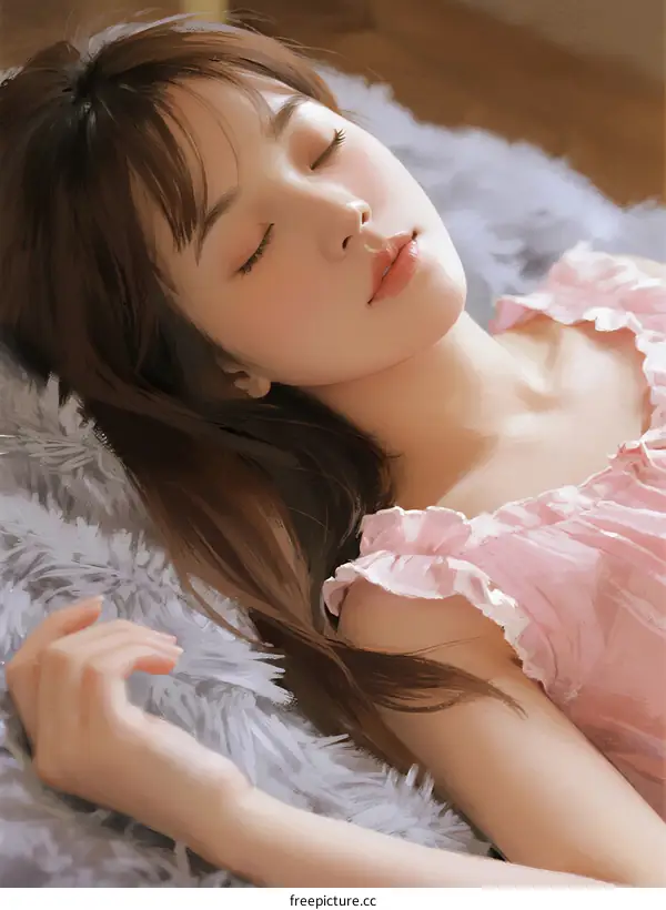 A Young Woman Sleeping Peacefully on a Fluffy Rug