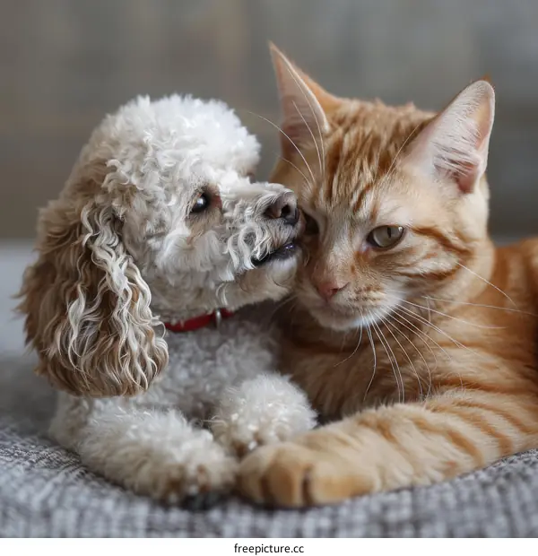 Fluffy white poodle and ginger cat lying together on a gray blanket