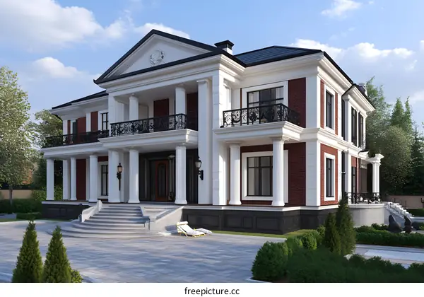 Classical Style Mansion With Large Windows and White Columns