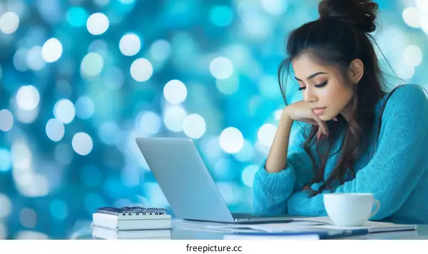 Young Woman Working on Laptop in Trendy Cafe