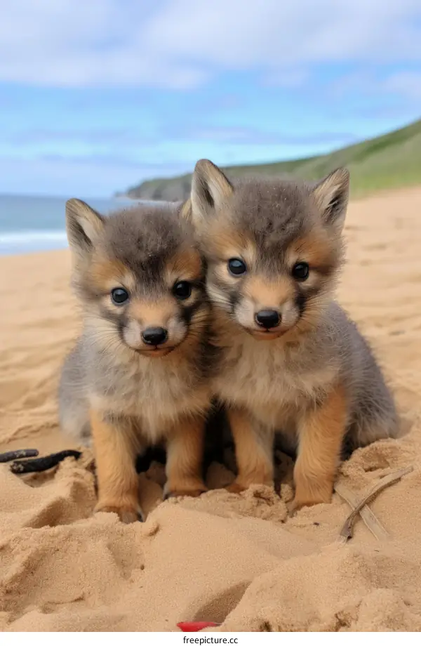 Two Adorable Arctic Fox Kits On The Beach