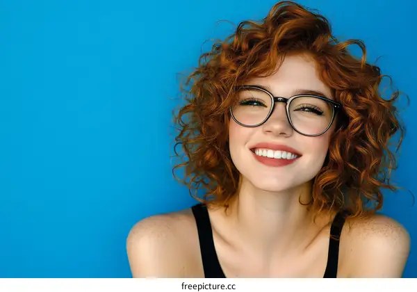 Portrait of a Smiling Woman with Curly Red Hair Wearing Glasses