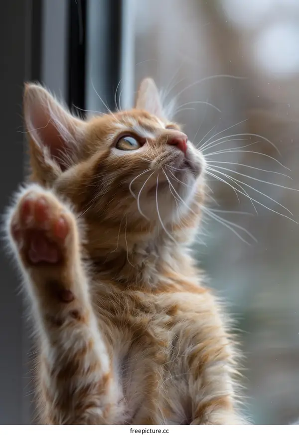 Cute ginger kitten looking up with one paw raised