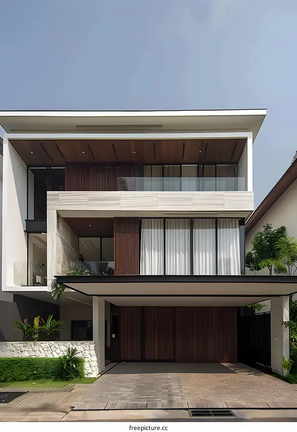Modern Two Story House with Wooden Facade and Glass Windows
