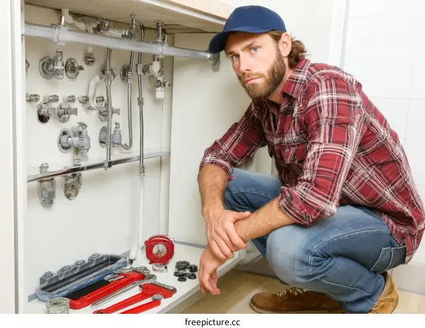 Plumber Inspecting Kitchen Sink Plumbing Components