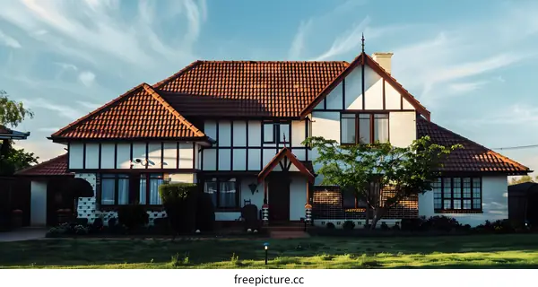 Modern House with Red Tile Roof and White Walls