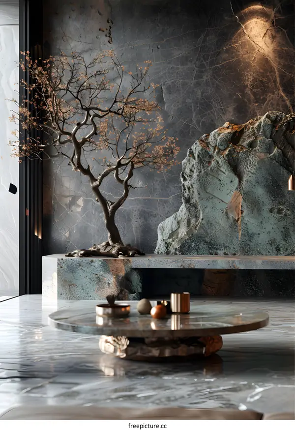 A bonsai tree adorns a Zen garden tray